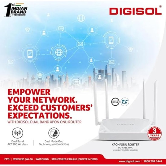 Digisol DG-GR6821AC XPON ONU 1200 Mbps Wi-Fi Router with 1 PON, 2 GE Port & 1 FXS Port